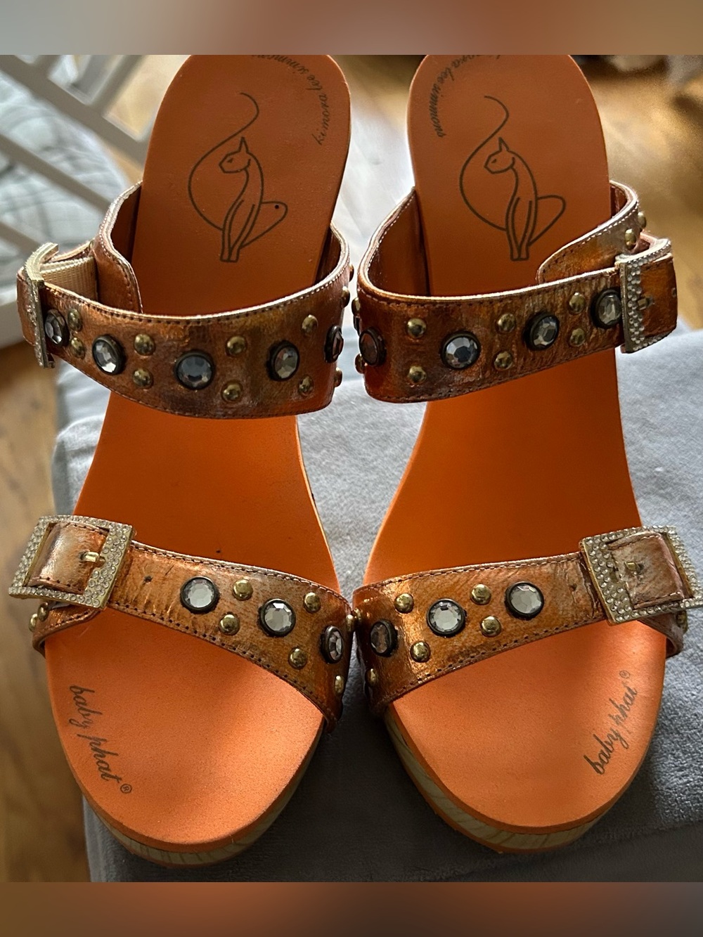 Baby Phat Metallic Copper Gem-Studded Orange Footbed Sandals